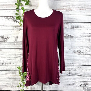 LOGO Lori Goldstein Top Tunic size Medium Burgundy Floral Jersey Velveteen Slim
